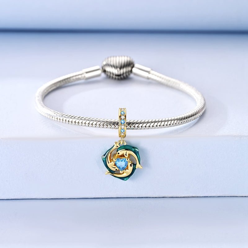 Golden Blue Dolphins with Heart Ocean Sparkle Dangle Charm