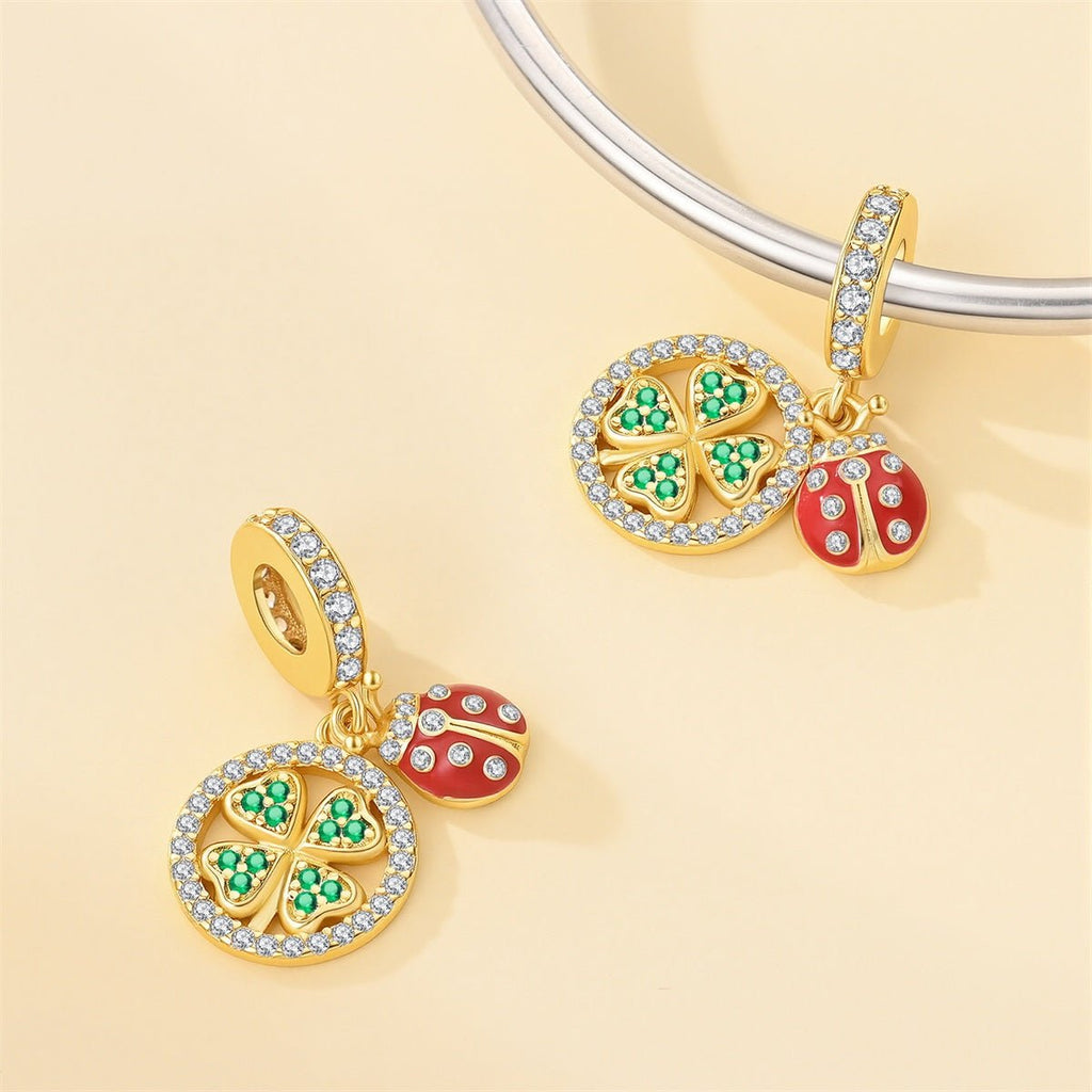 Golden Four-Leaf Clover & Ladybug Lucky Dangle Charm