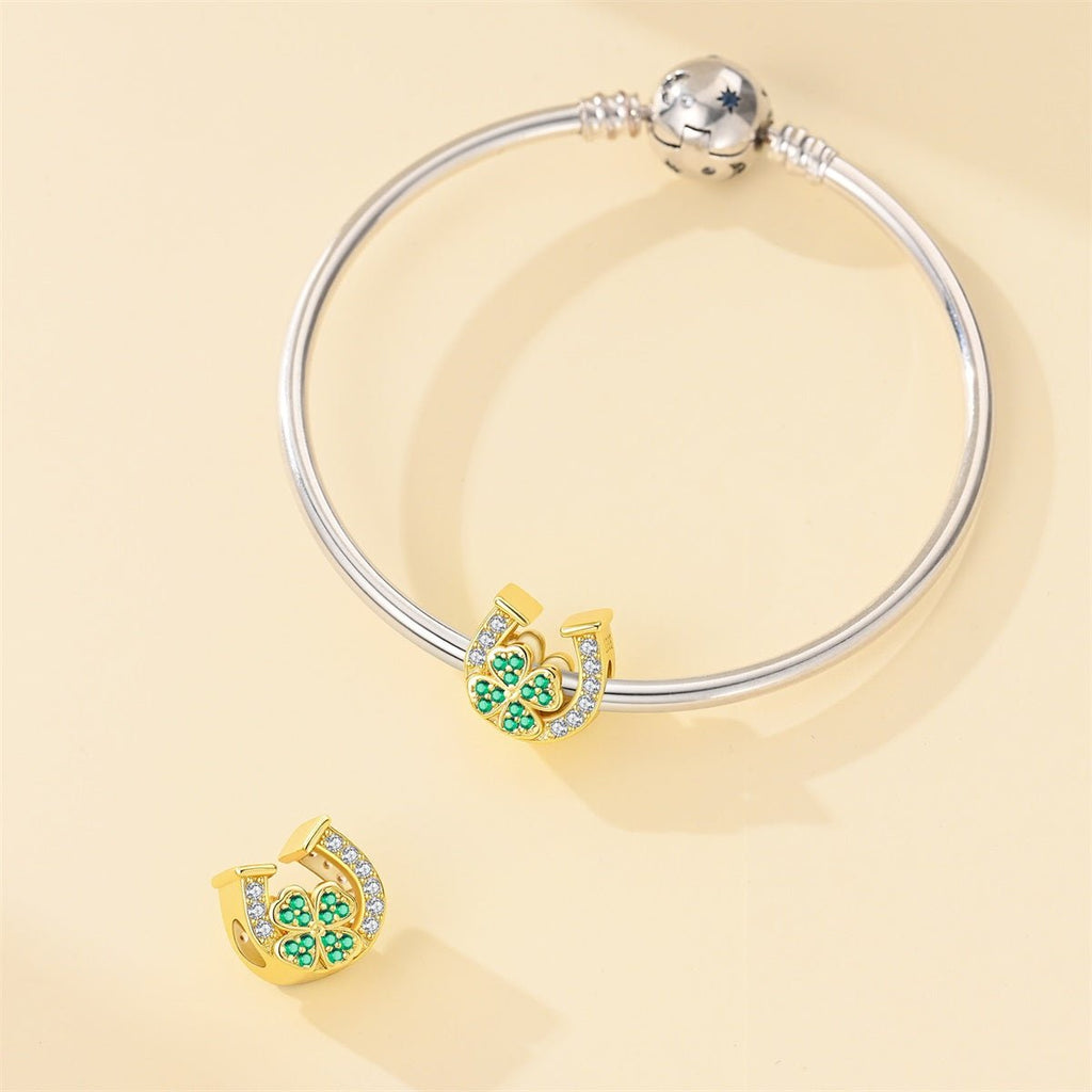 Golden Horseshoe with Green Clover Lucky Charm