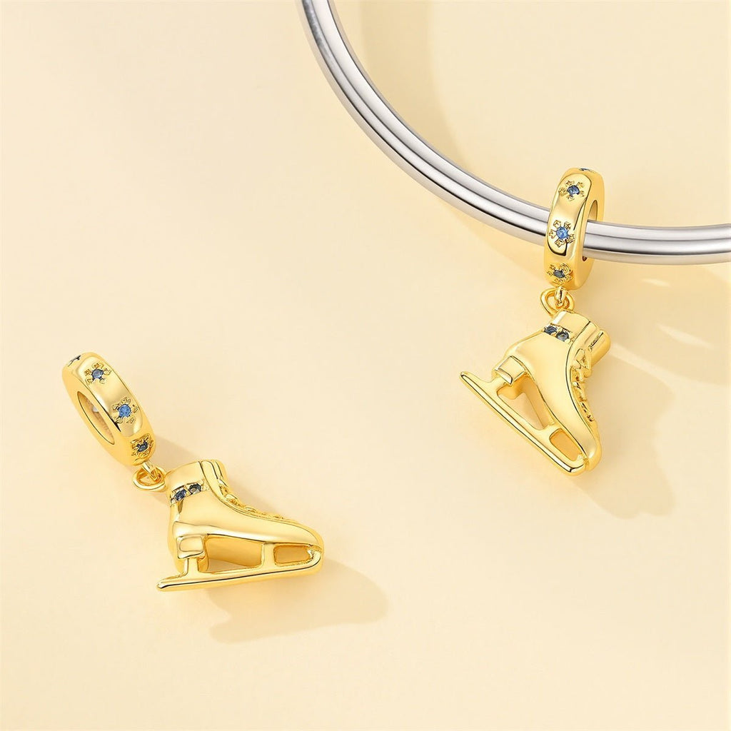 Golden Ice Skate with Blue Crystal Dangle Charm