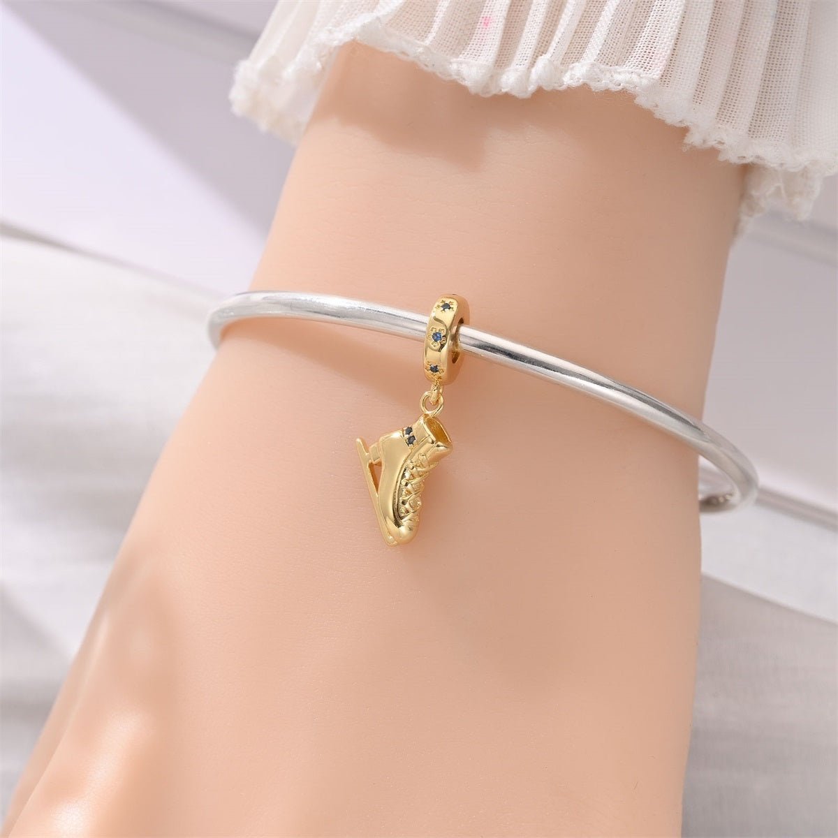 Golden Ice Skate with Blue Crystal Dangle Charm