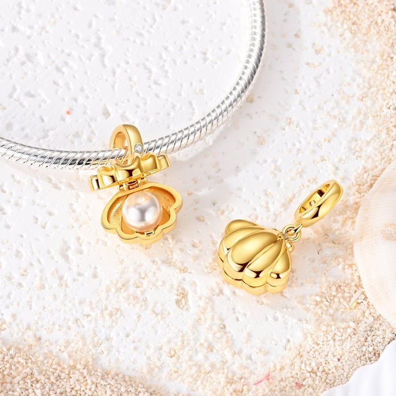 Golden Opening Seashell Pearl Dangle Charm
