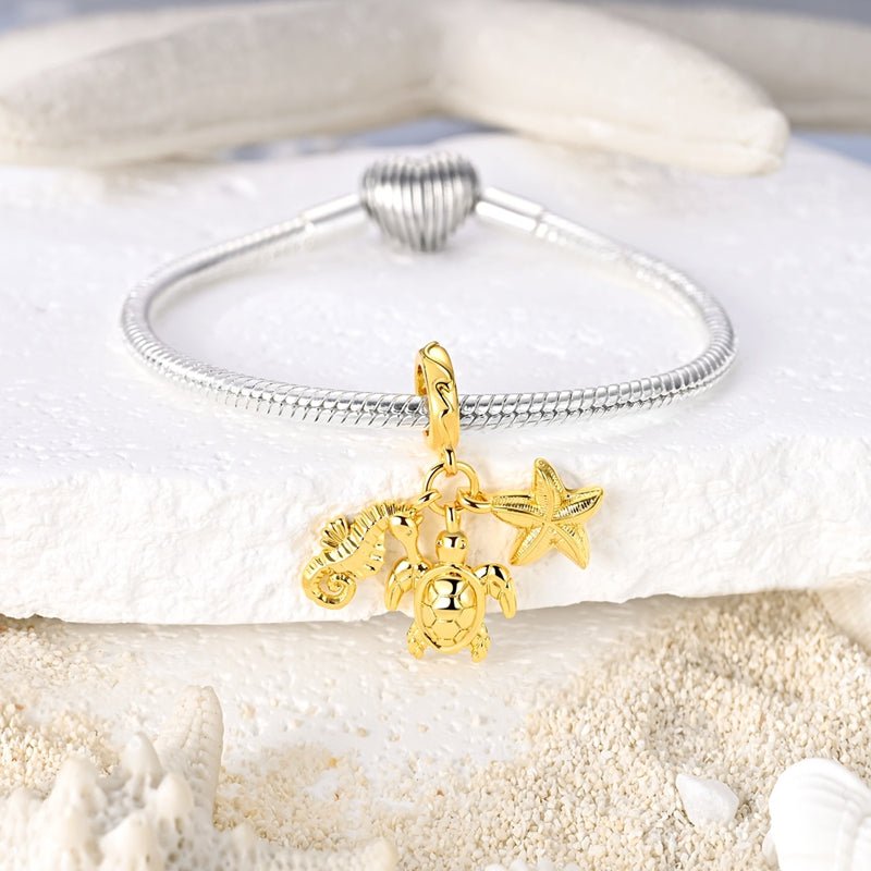 Golden Sea Turtle, Seahorse & Starfish Dangle Charm