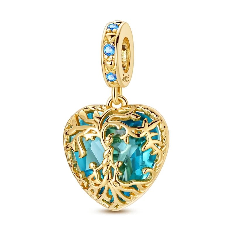 Golden Tree of Life Blue Heart Dangle Charm