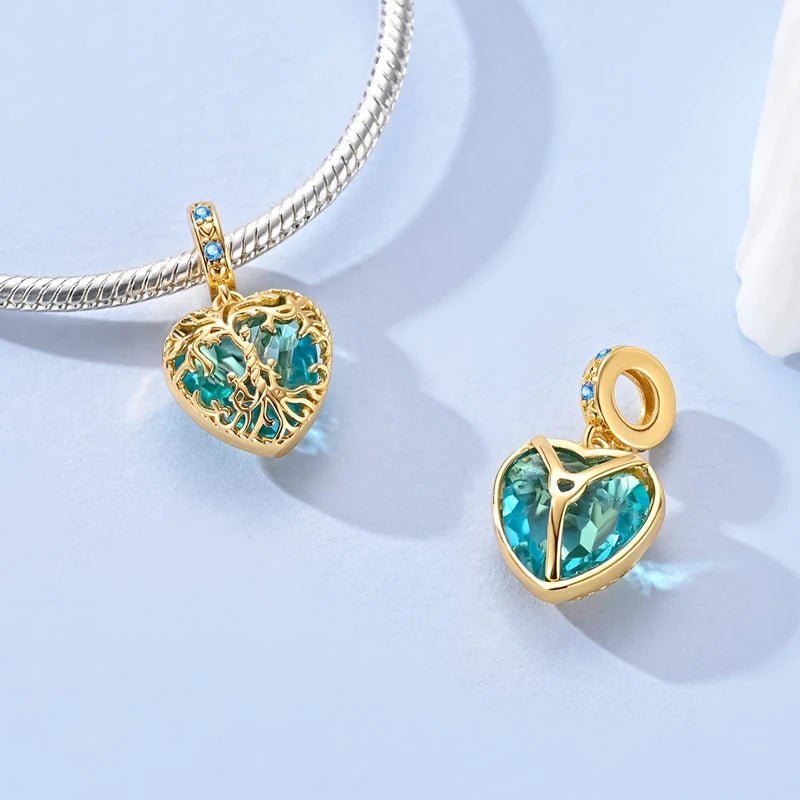 Golden Tree of Life Blue Heart Dangle Charm