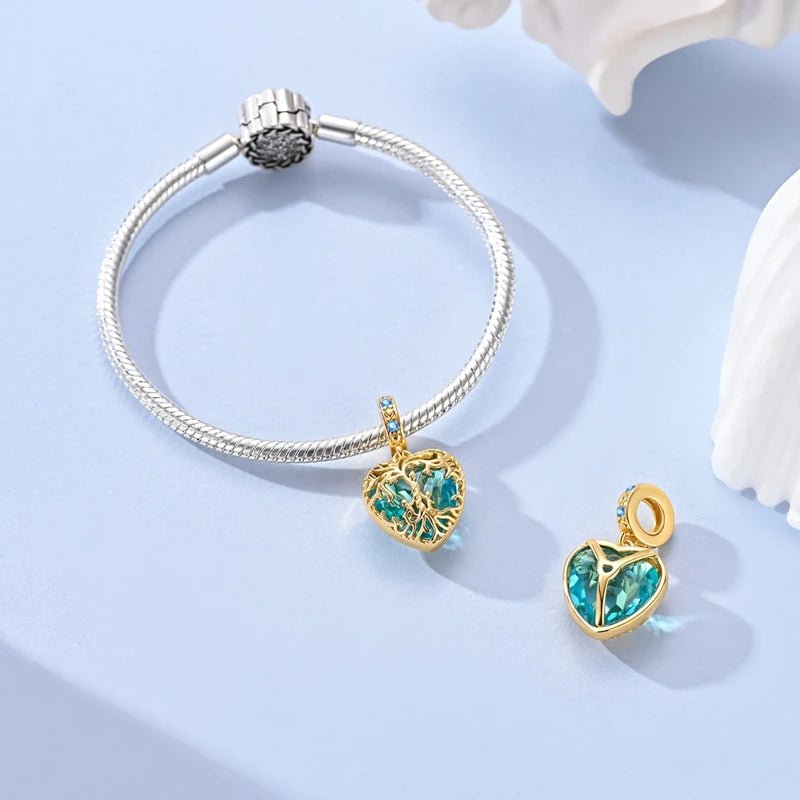 Golden Tree of Life Blue Heart Dangle Charm