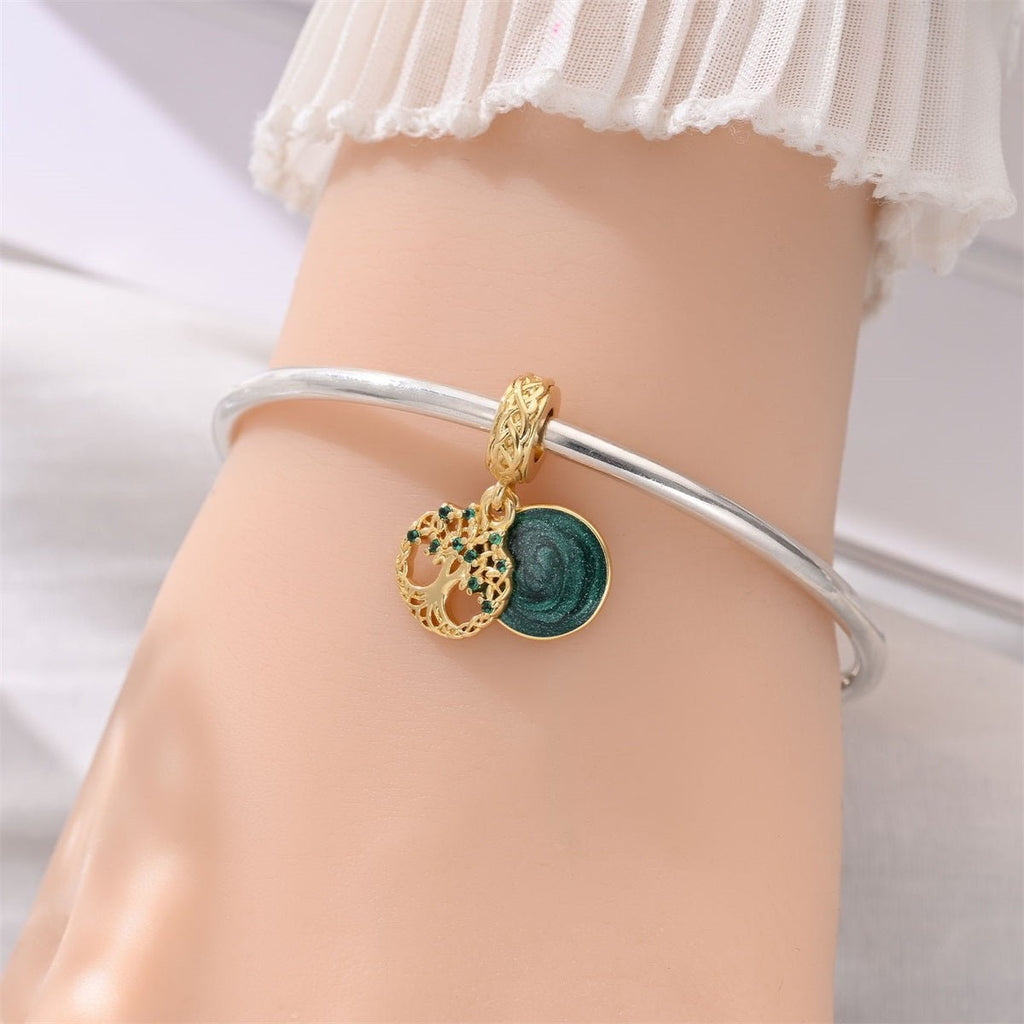 Golden Tree of Life with Green Crystal Dangle Charm