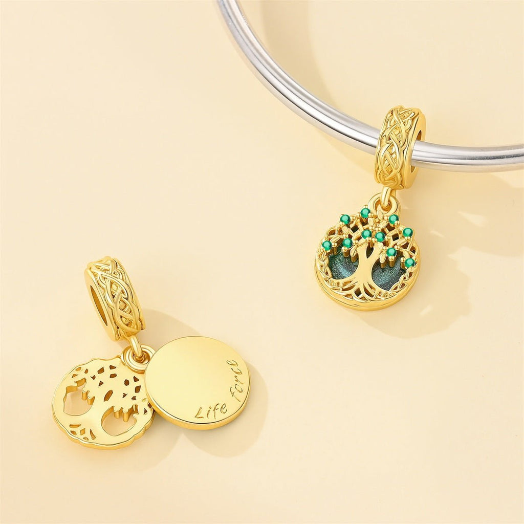 Golden Tree of Life with Green Crystal Dangle Charm
