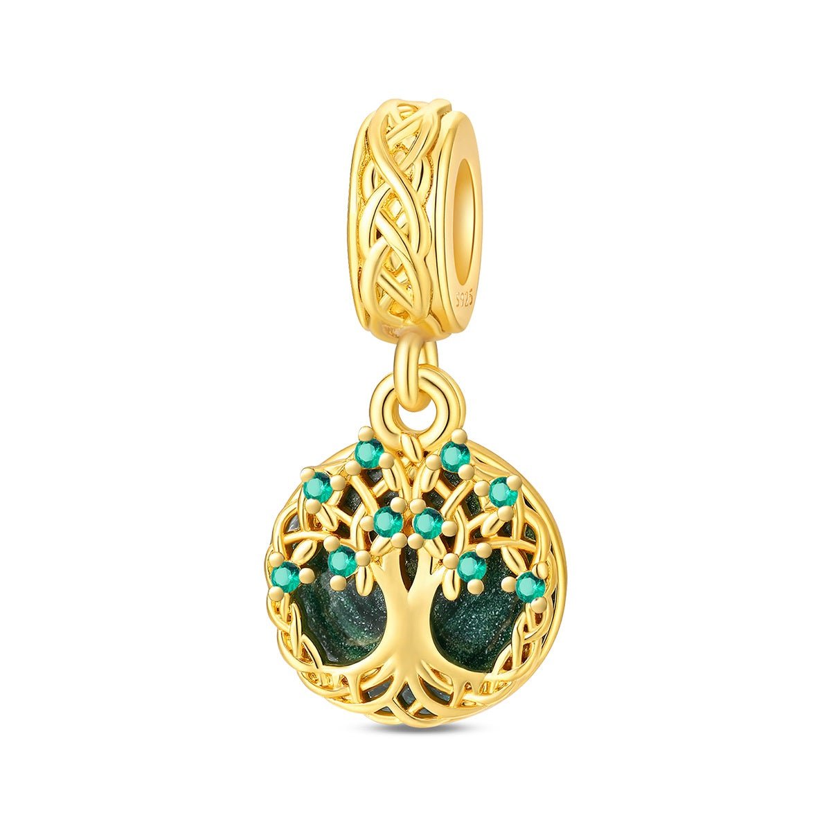 Golden Tree of Life with Green Crystal Dangle Charm