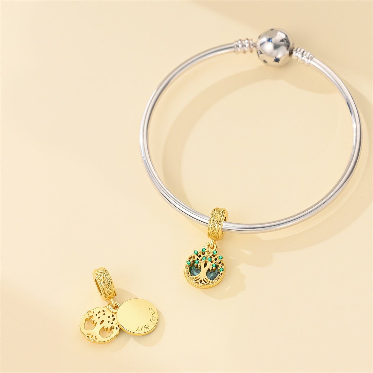 Golden Tree of Life with Green Crystal Dangle Charm