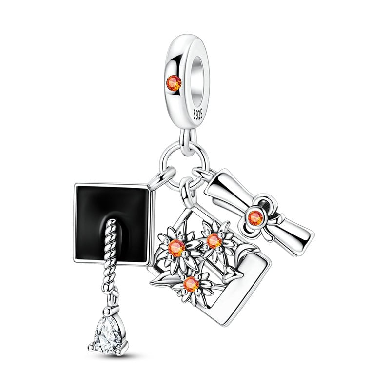 Graduation Cap, Diploma & Flower Bouquet Dangle Charm