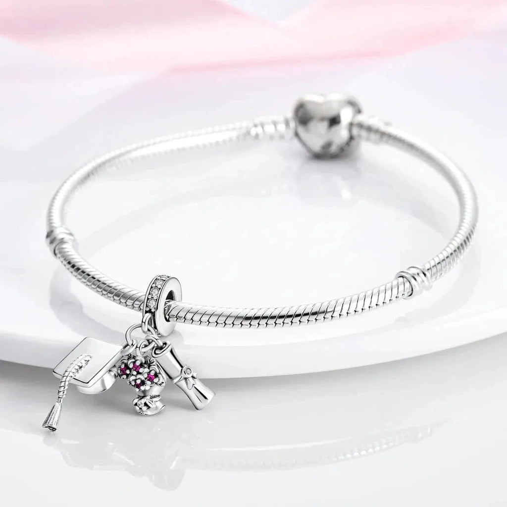 Graduation Cap, Diploma & Flowers Triple Dangle Charm
