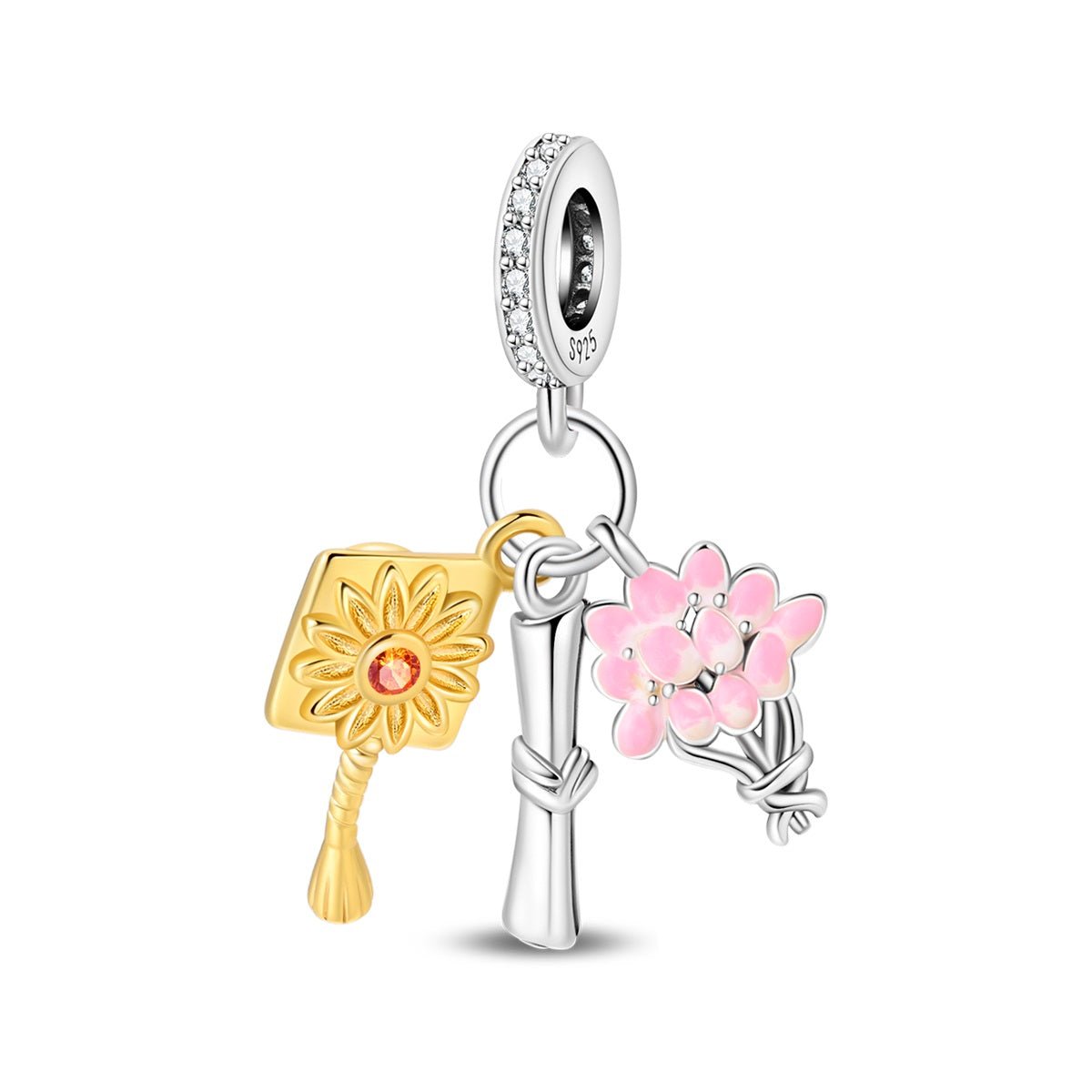 Graduation Diploma, Bouquet & Cap Tassel Dangle Charm