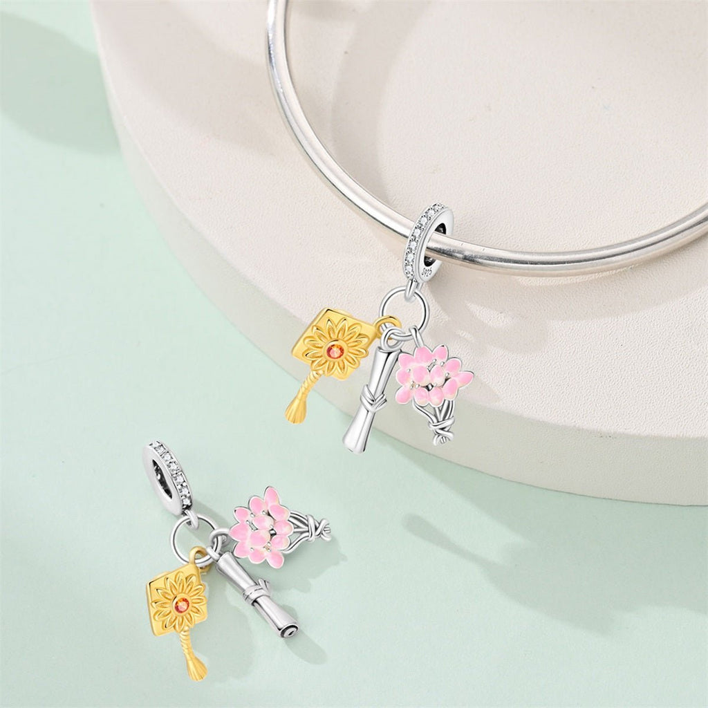 Graduation Diploma, Bouquet & Cap Tassel Dangle Charm