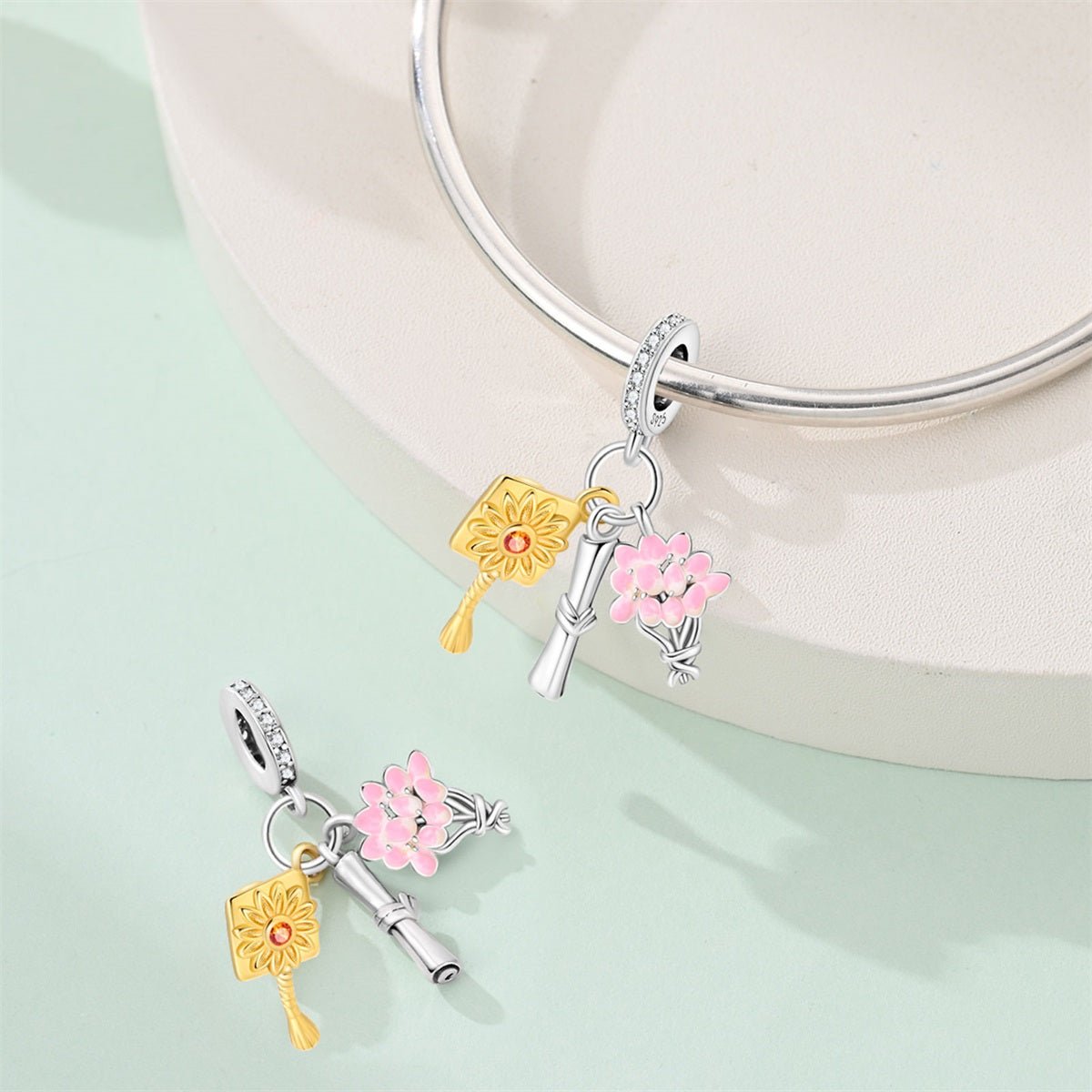 Graduation Diploma, Bouquet & Cap Tassel Dangle Charm
