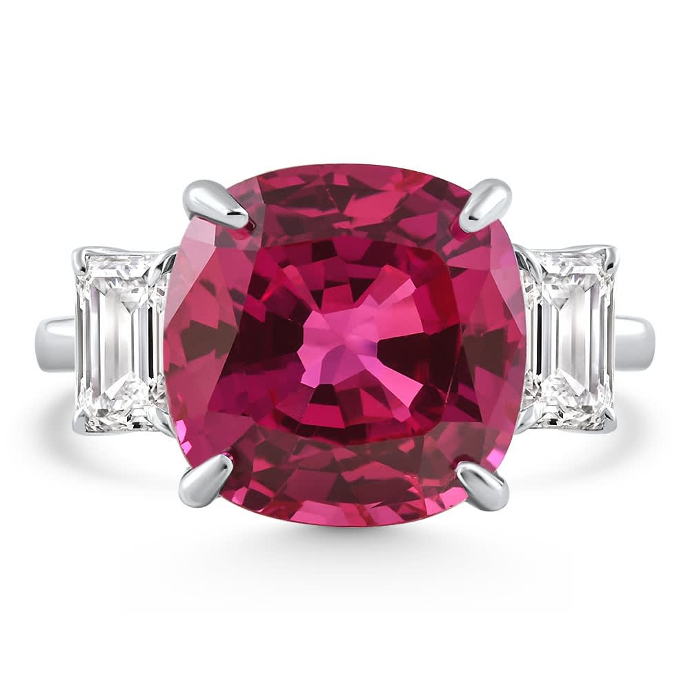 8.50Ct Cushion Ruby & Emerald Cut Diamond Ring 14k White Gold Lab Grown Size: 5.5
