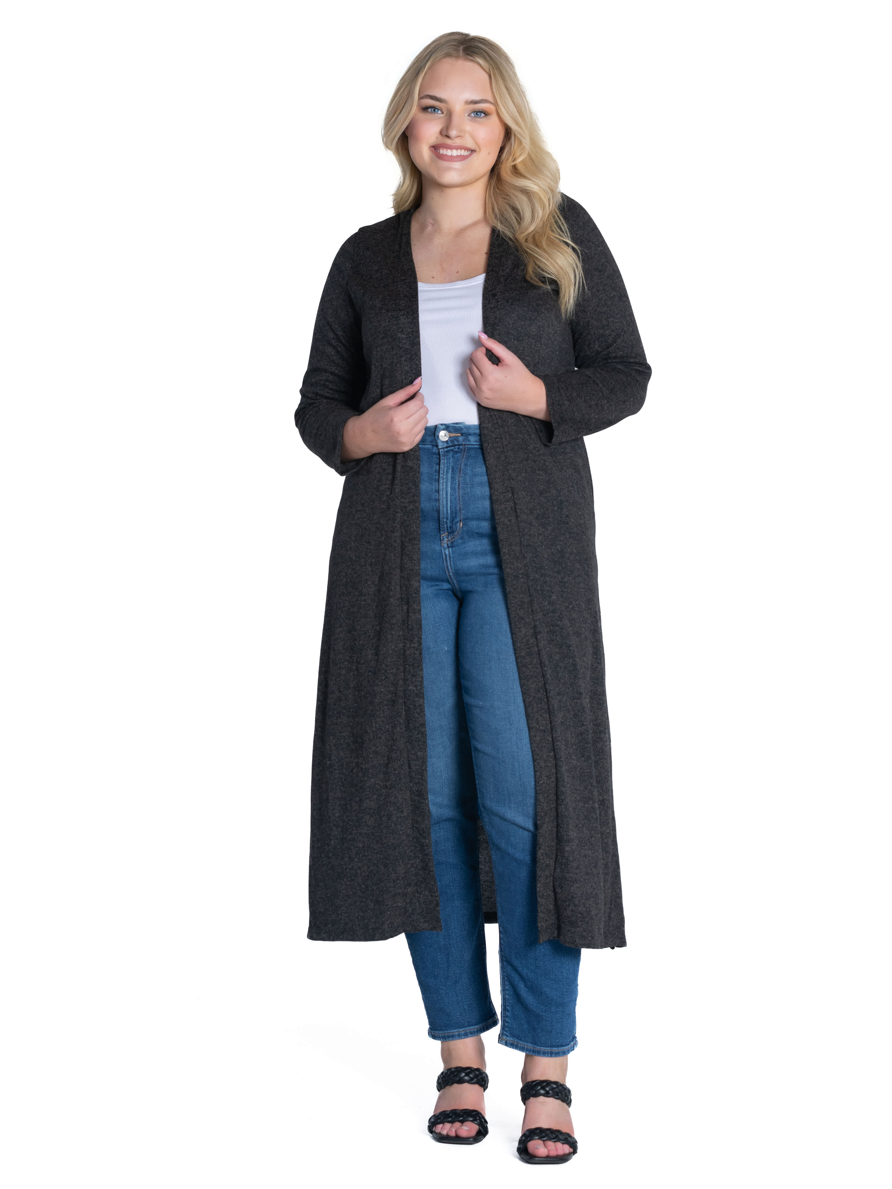 24seven Comfort Apparel Plus Size Long Duster Open Front Knit Cardigan
