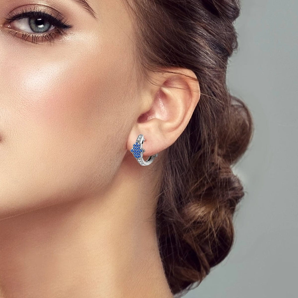 Hamsa & Evil Eye Hoop Earrings with Blue Crystals
