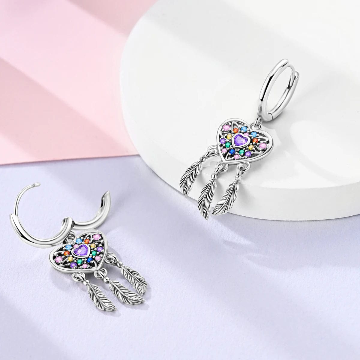 Heart Dreamcatcher Earrings with Multicolored Gemstones