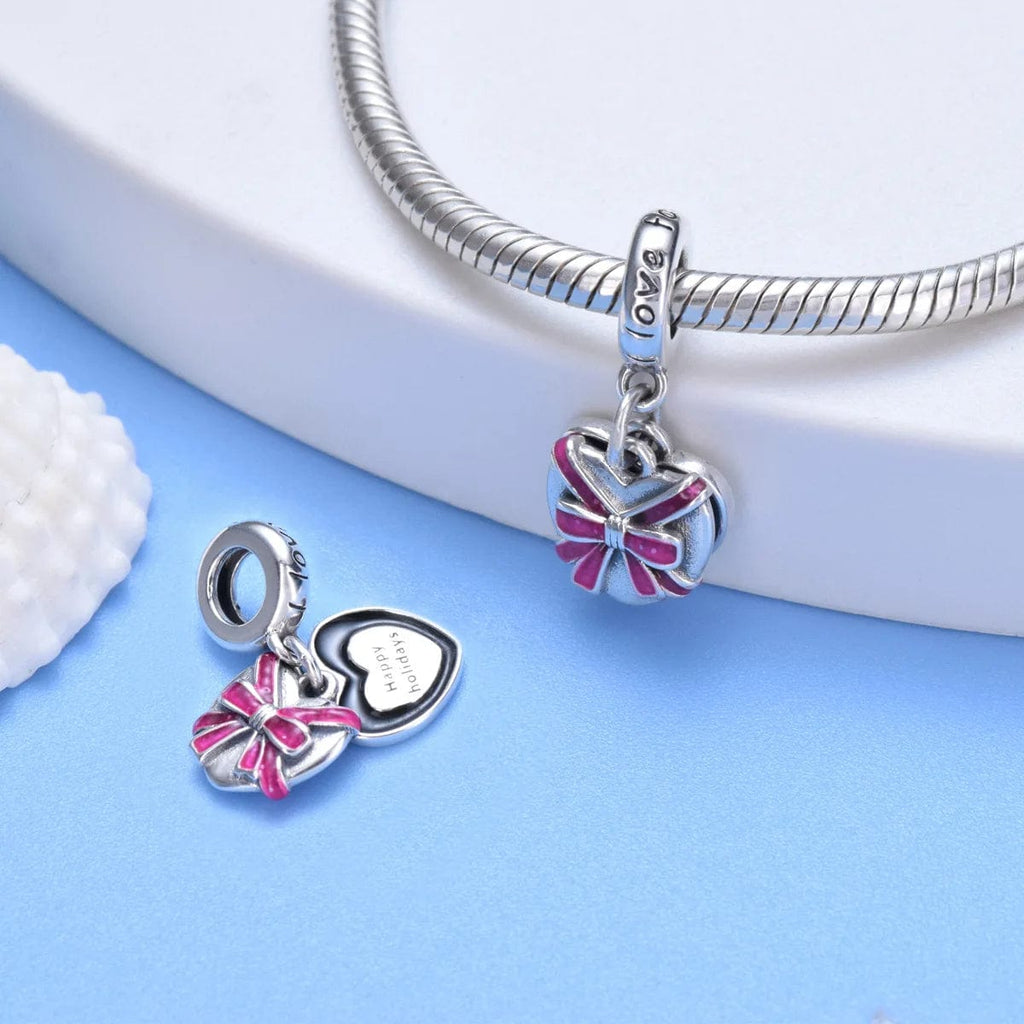 Heart Gift Box with Pink Ribbon Holiday Dangle Charm