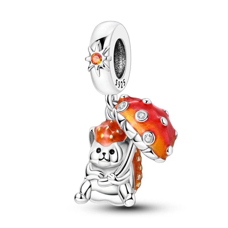 Hedgehog with Red Mushroom Umbrella Dangle Charm