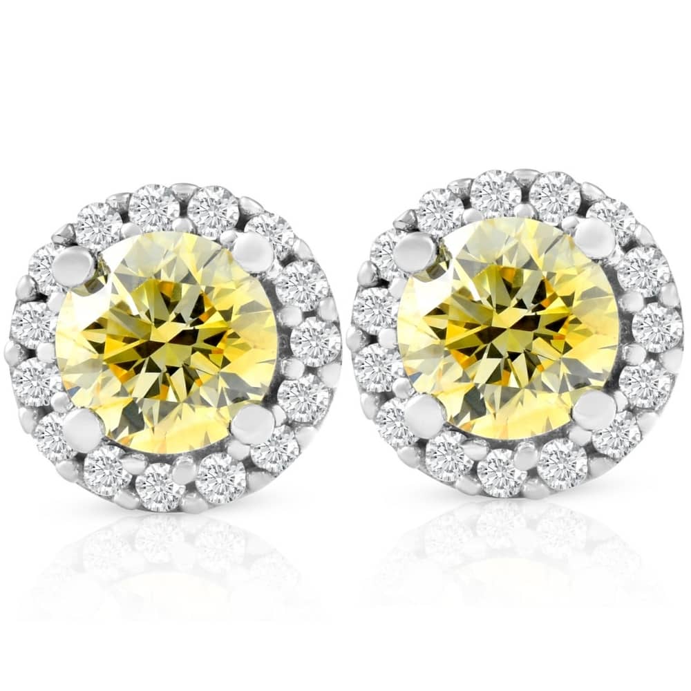 1/2 Ct Halo Fancy Canary Yellow Lab Grown Diamond Studs 10k White Gold Earrings