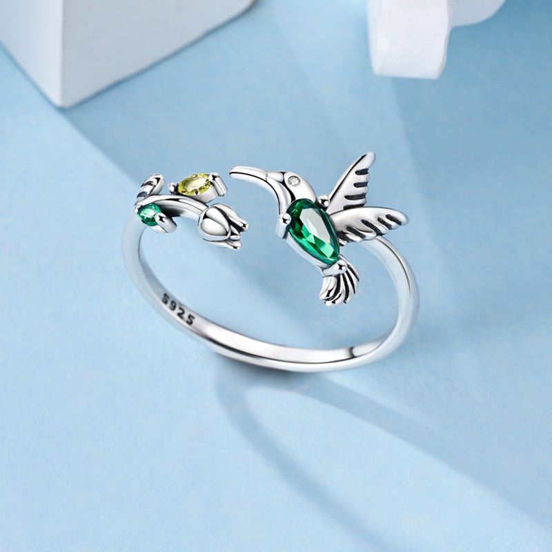 Hummingbird with Green Crystal & Floral Adjustable Ring