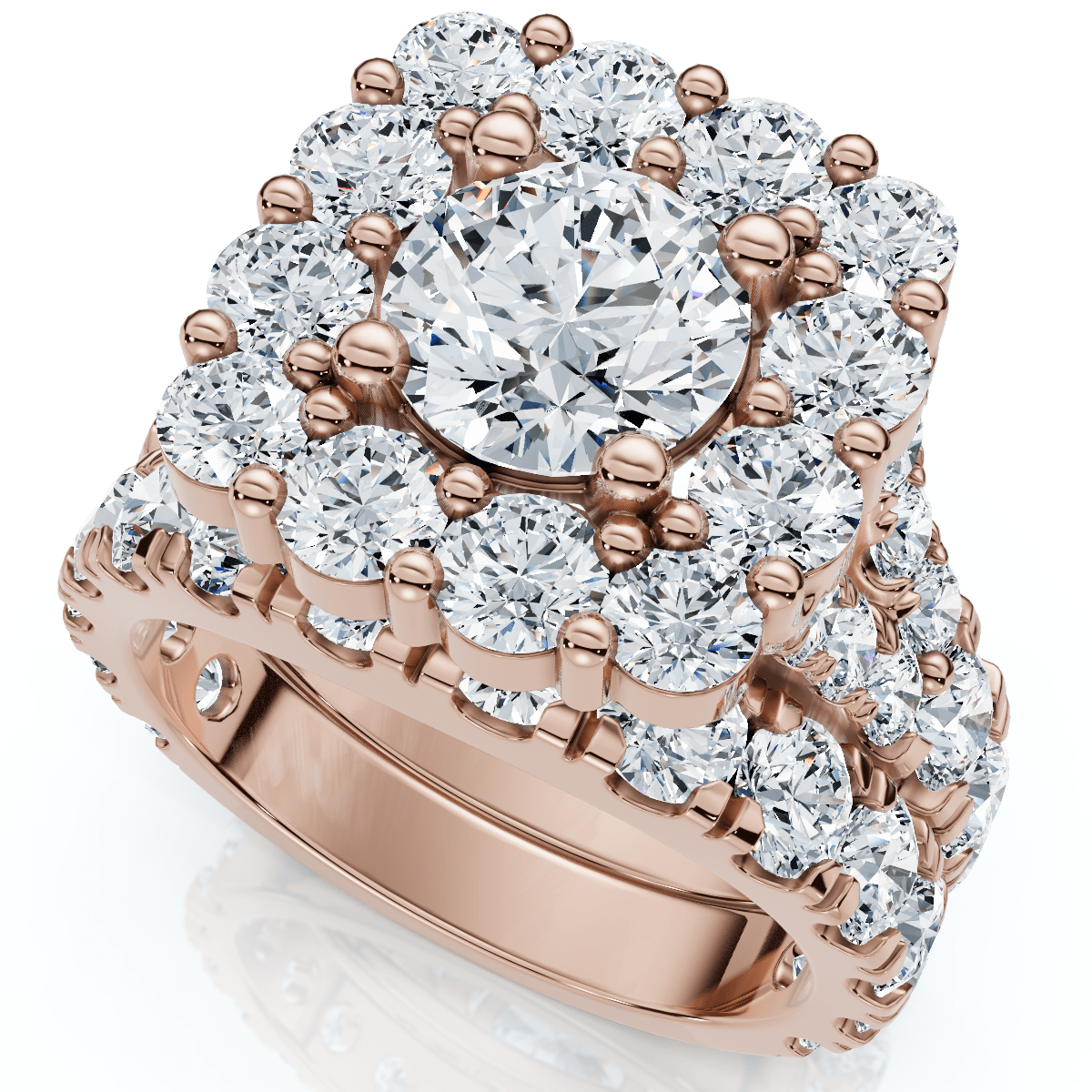 5Ct Cushion Halo Split Ring Diamond Engagement Set in White Yellow Rose Gold