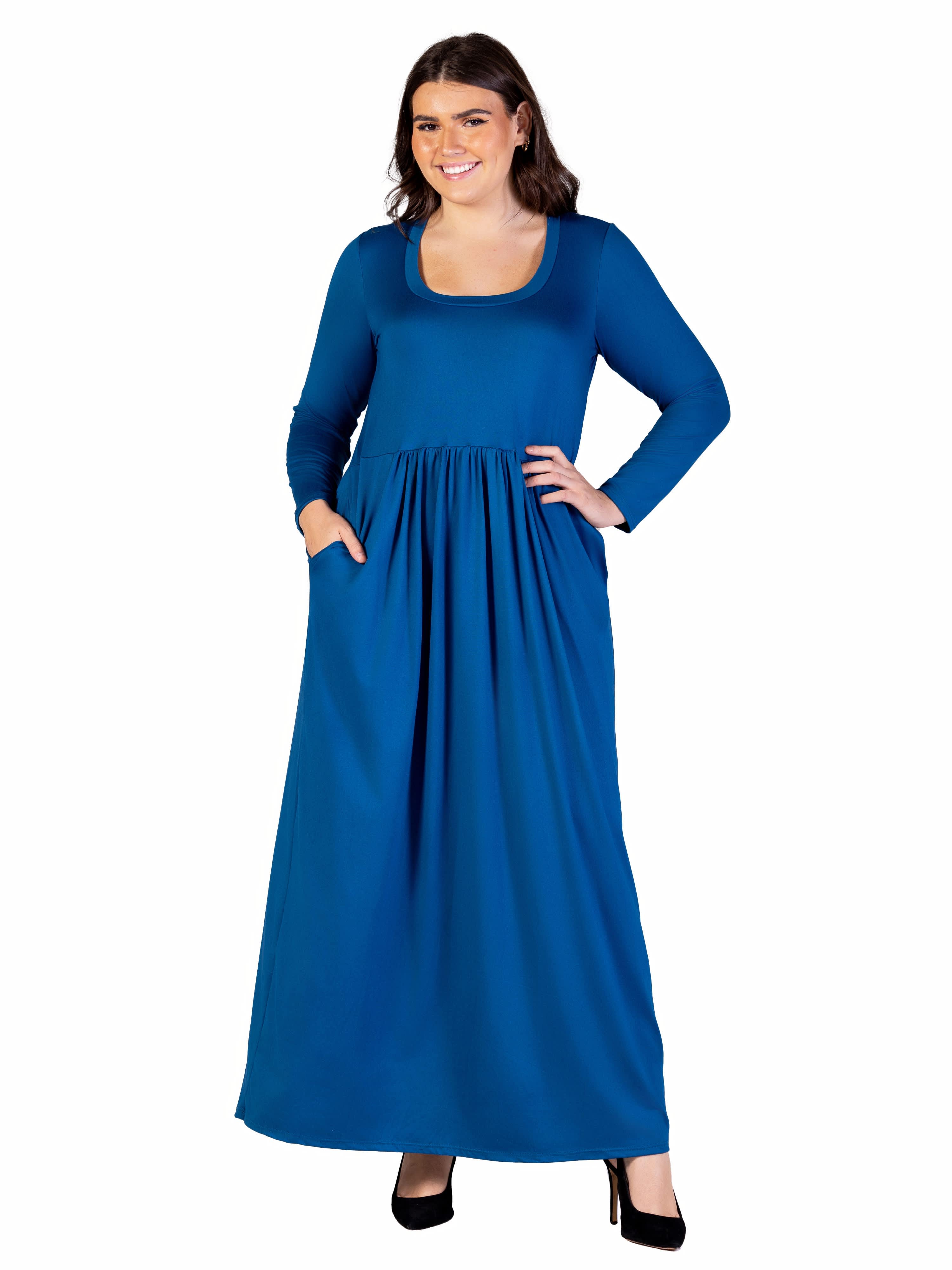 24seven Comfort Apparel Plus Size Long Sleeve Empire Waist Pocket Maxi Dress