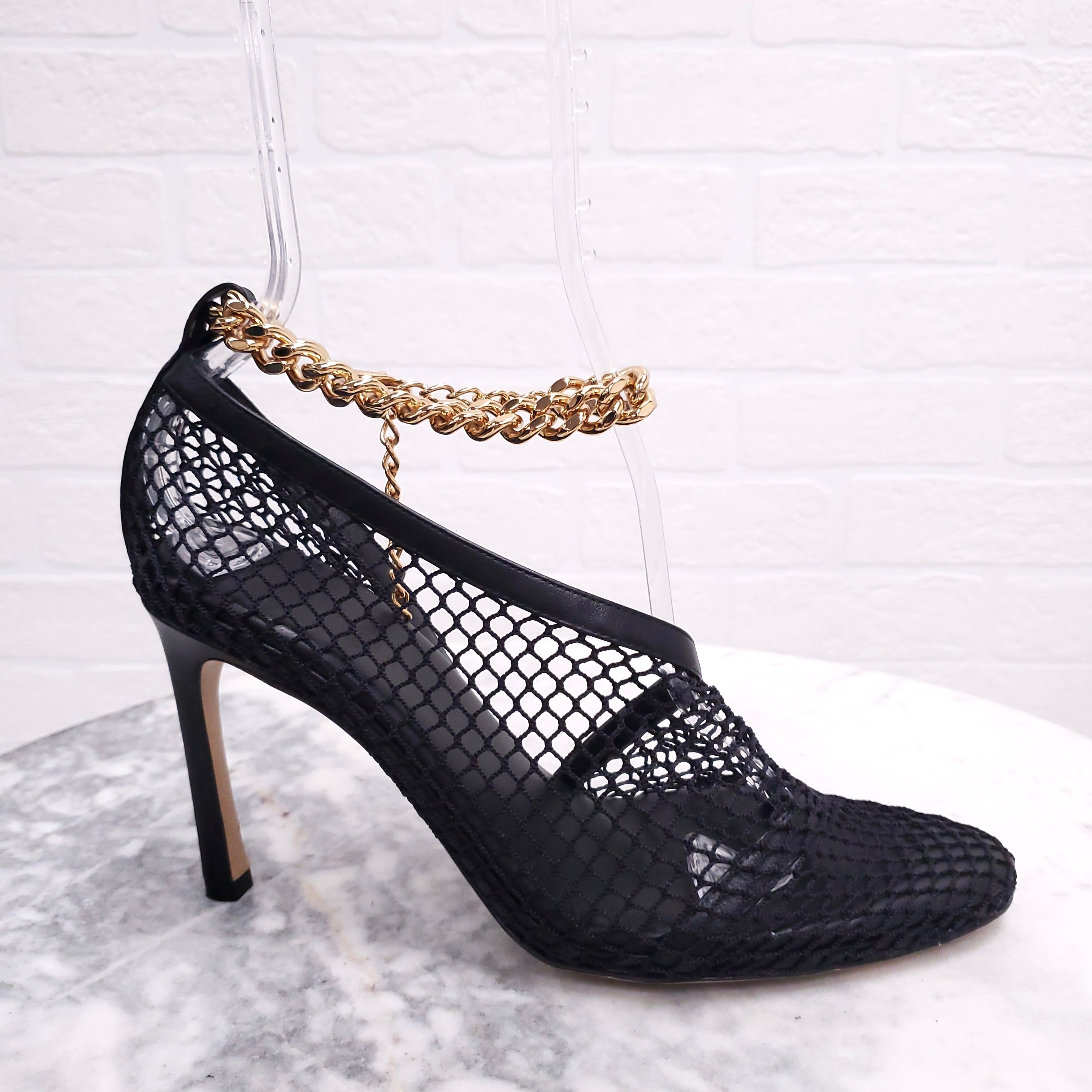 BOTTEGA VENETA BLACK FISHNET HEELS WITH ANKLE CHAIN STRAP - SIZE 37