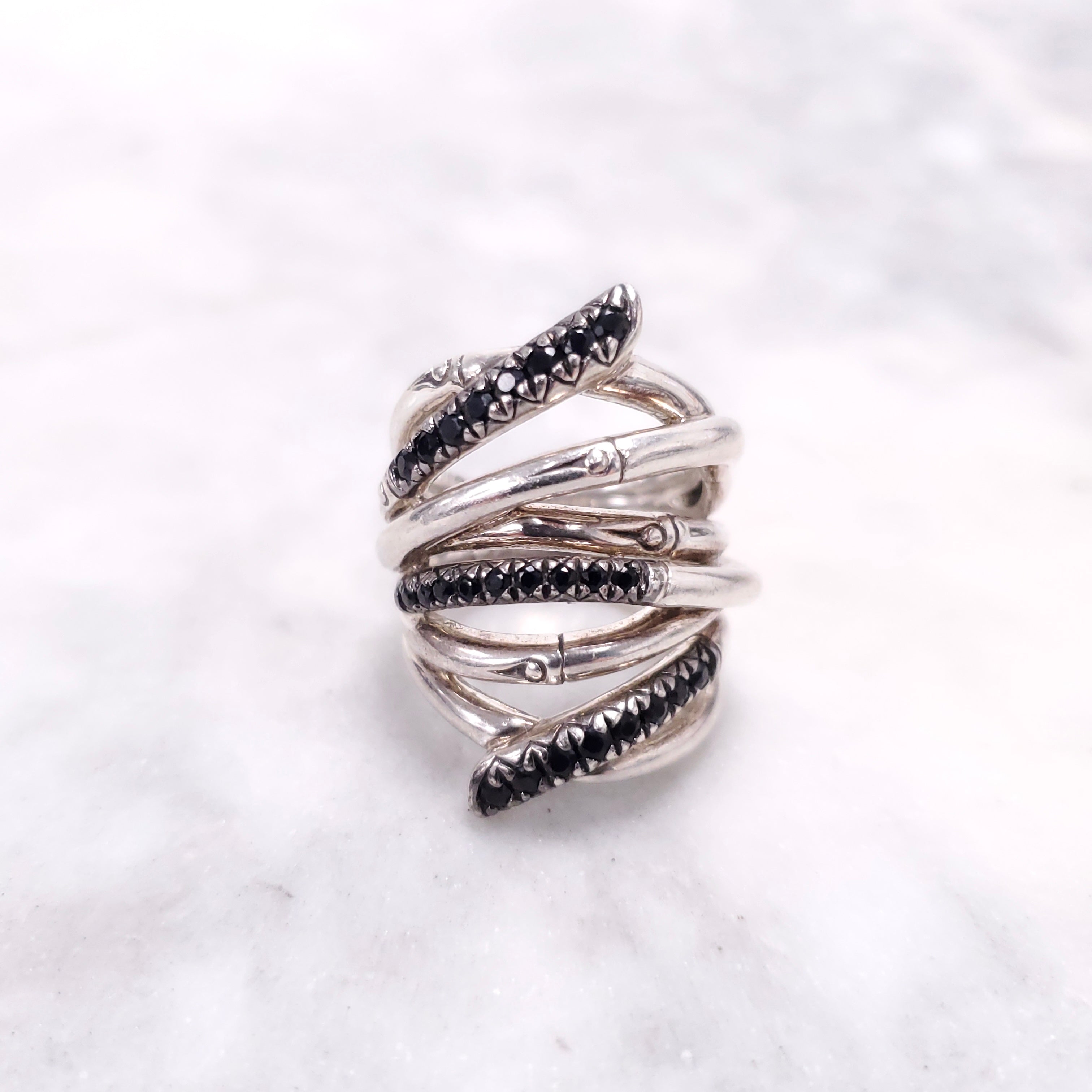 JOHN HARDY BAMBOO RING WITH BLACK SAPPHIRE - SIZE 7