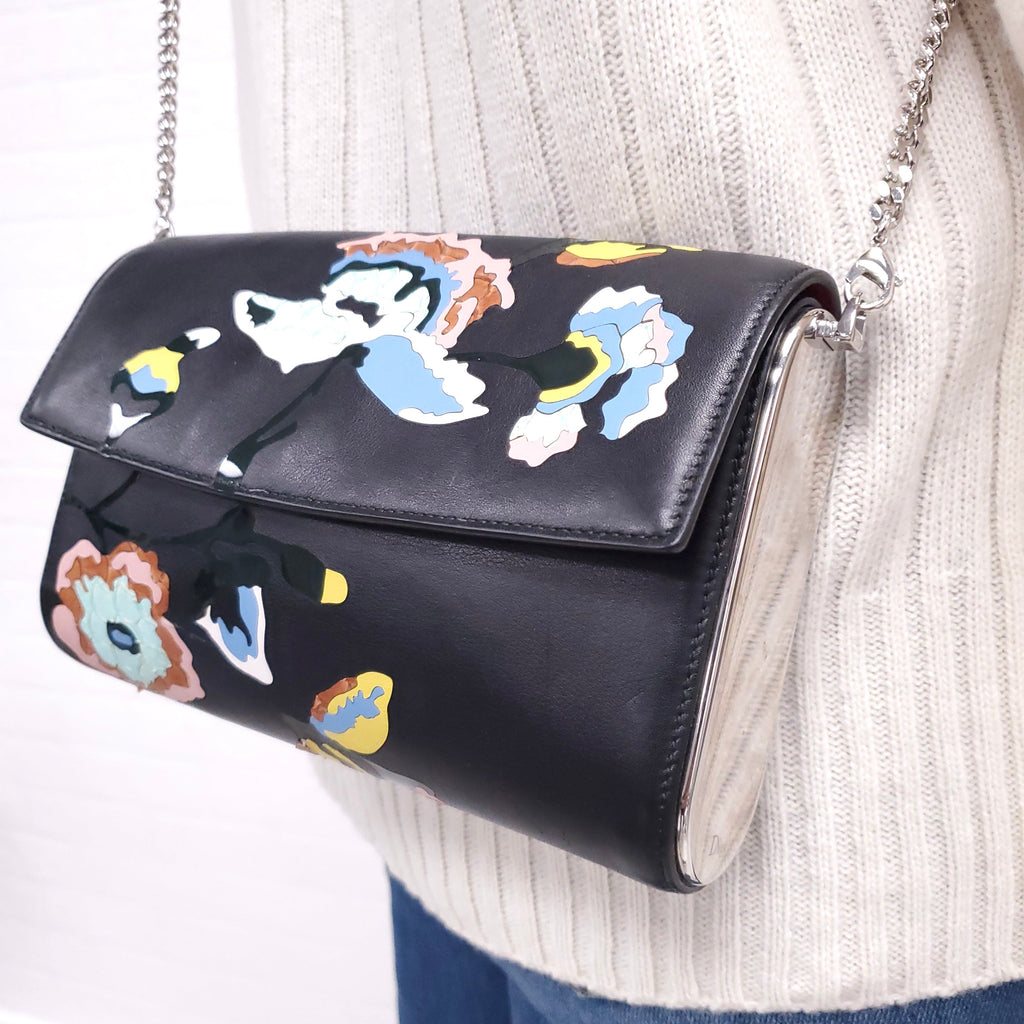 DIOR BLACK LEATHER WITH FLOWERS AND SILVER HARDWARE BAG