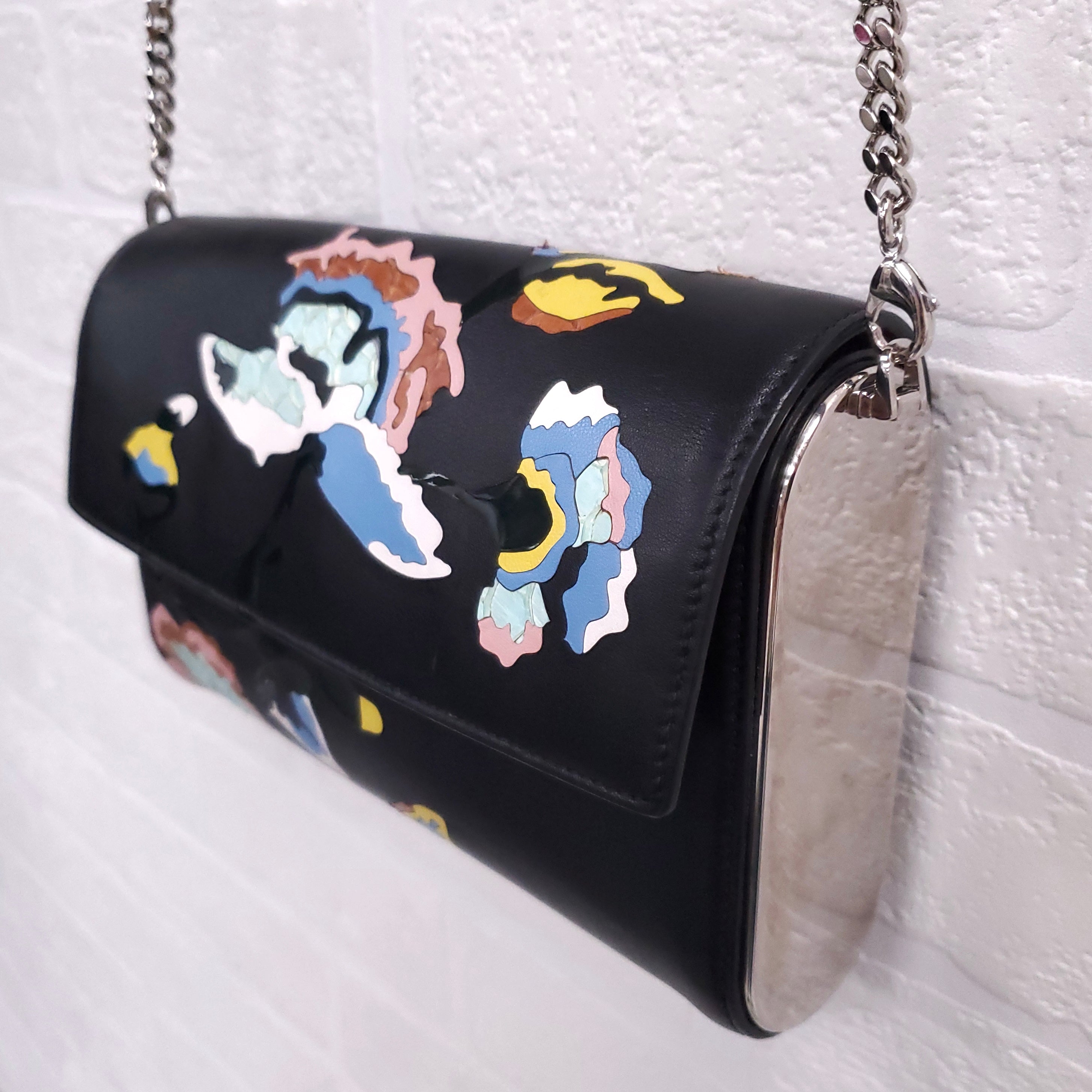 DIOR BLACK LEATHER WITH FLOWERS AND SILVER HARDWARE BAG