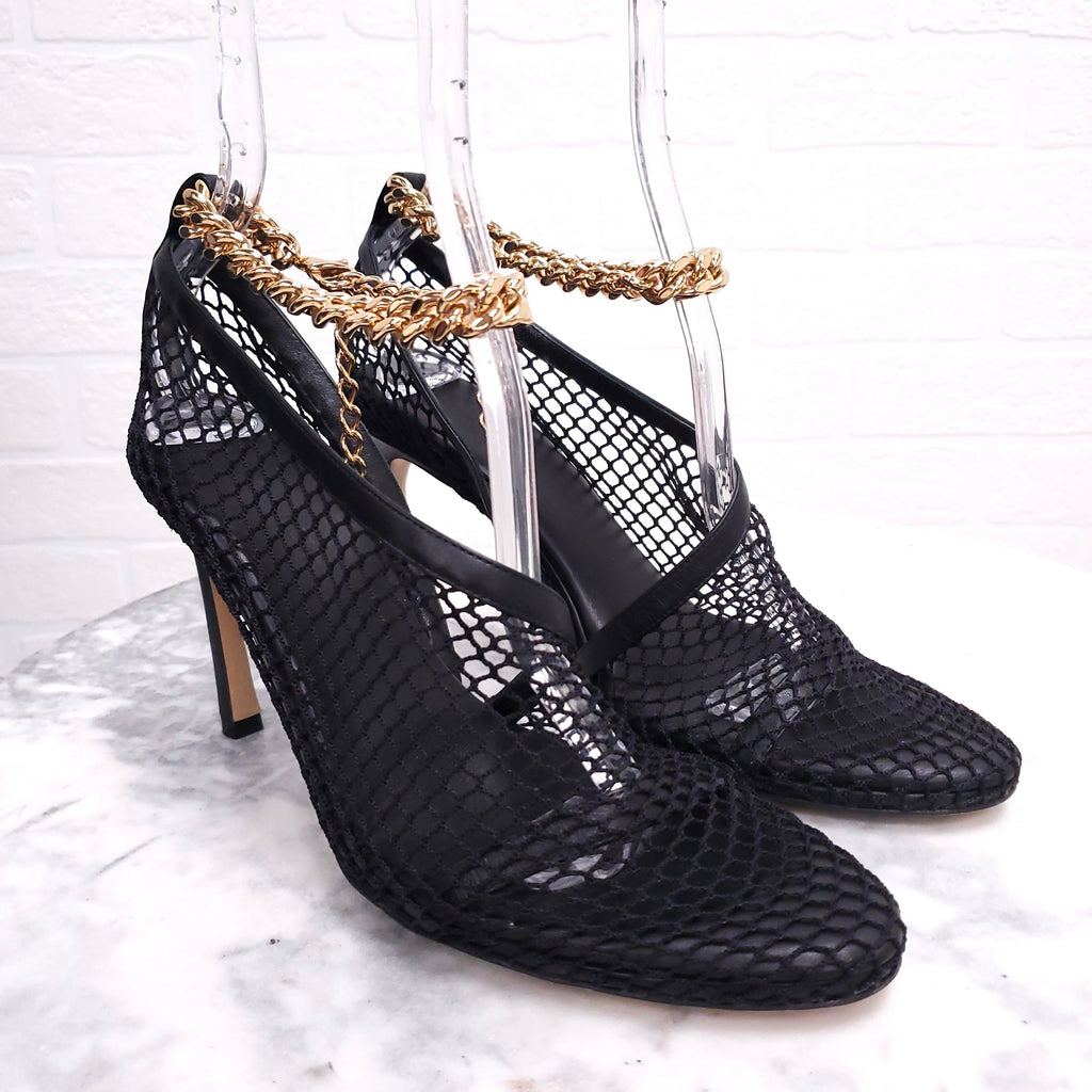 BOTTEGA VENETA BLACK FISHNET HEELS WITH ANKLE CHAIN STRAP - SIZE 37