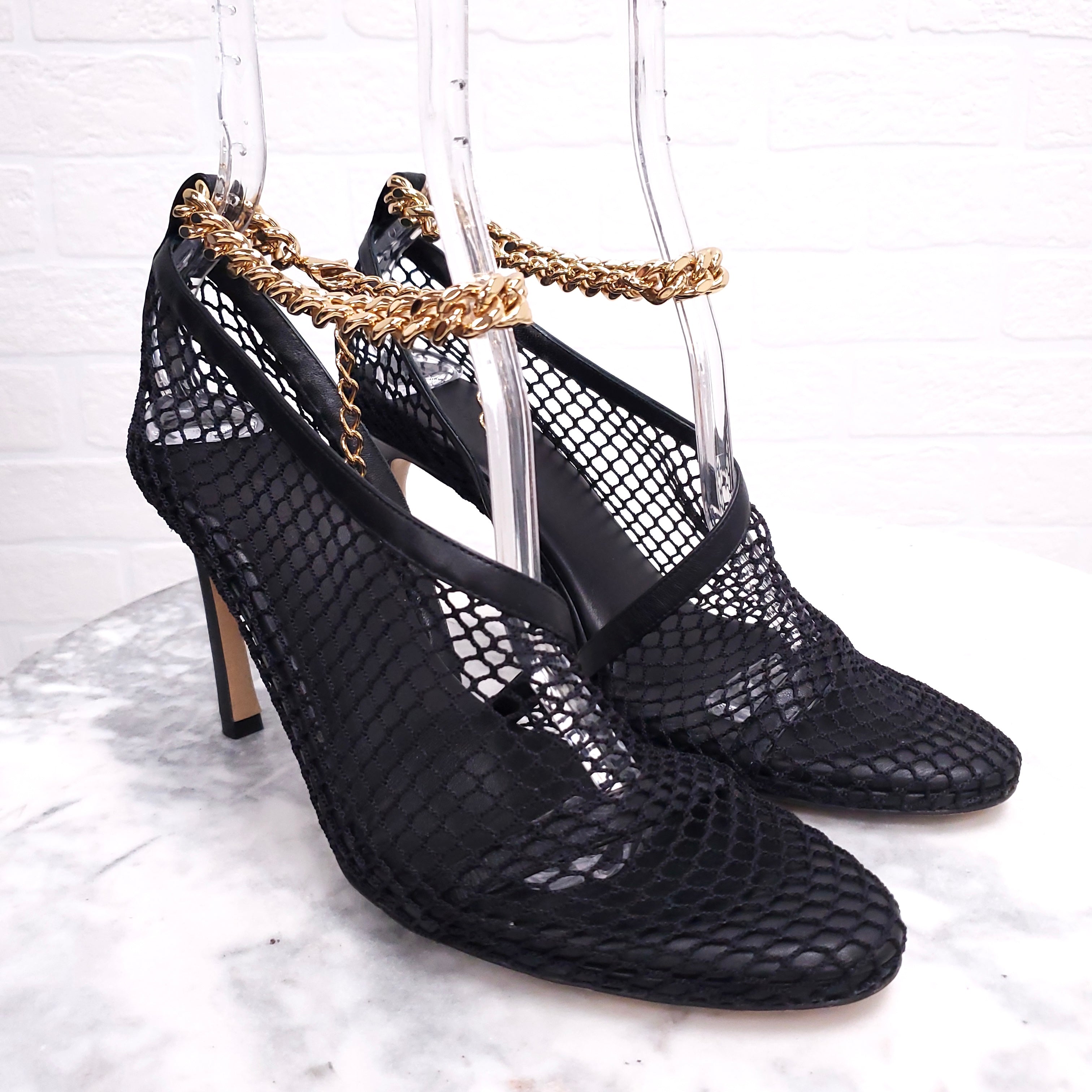 BOTTEGA VENETA BLACK FISHNET HEELS WITH ANKLE CHAIN STRAP - SIZE 37