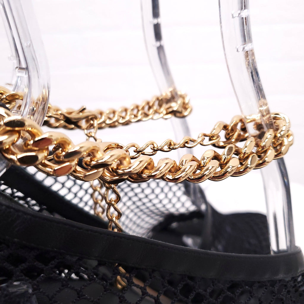 BOTTEGA VENETA BLACK FISHNET HEELS WITH ANKLE CHAIN STRAP - SIZE 37