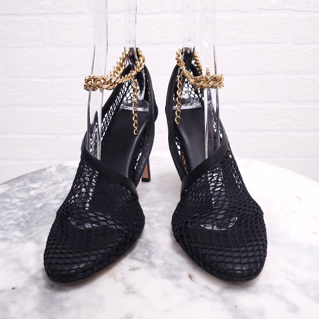 BOTTEGA VENETA BLACK FISHNET HEELS WITH ANKLE CHAIN STRAP - SIZE 37