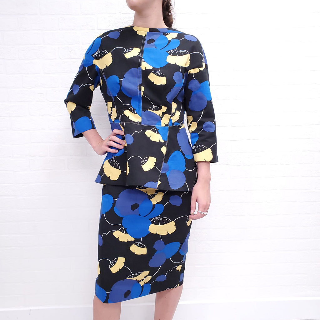 MARNI BLUE AND YELLOW FLORAL PEPLUM SKIRT SET - SIZE 42
