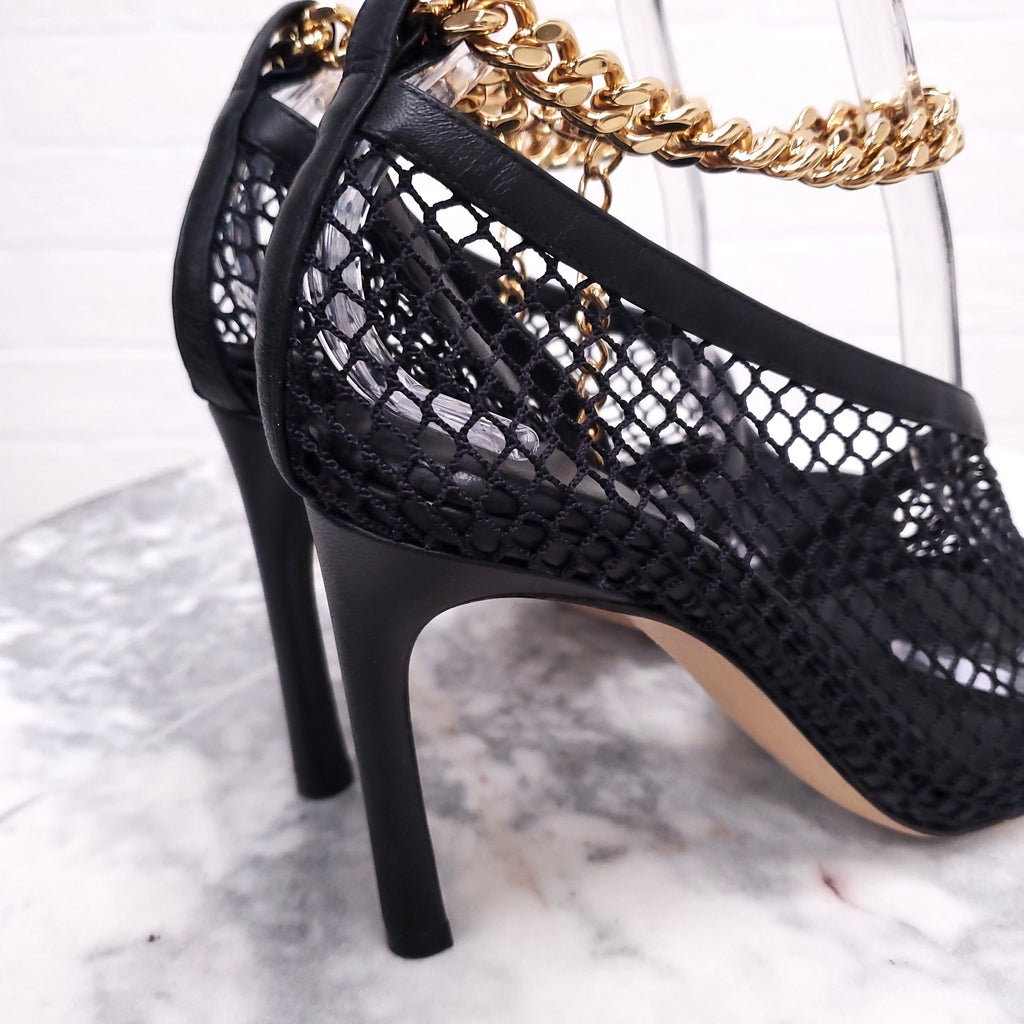 BOTTEGA VENETA BLACK FISHNET HEELS WITH ANKLE CHAIN STRAP - SIZE 37