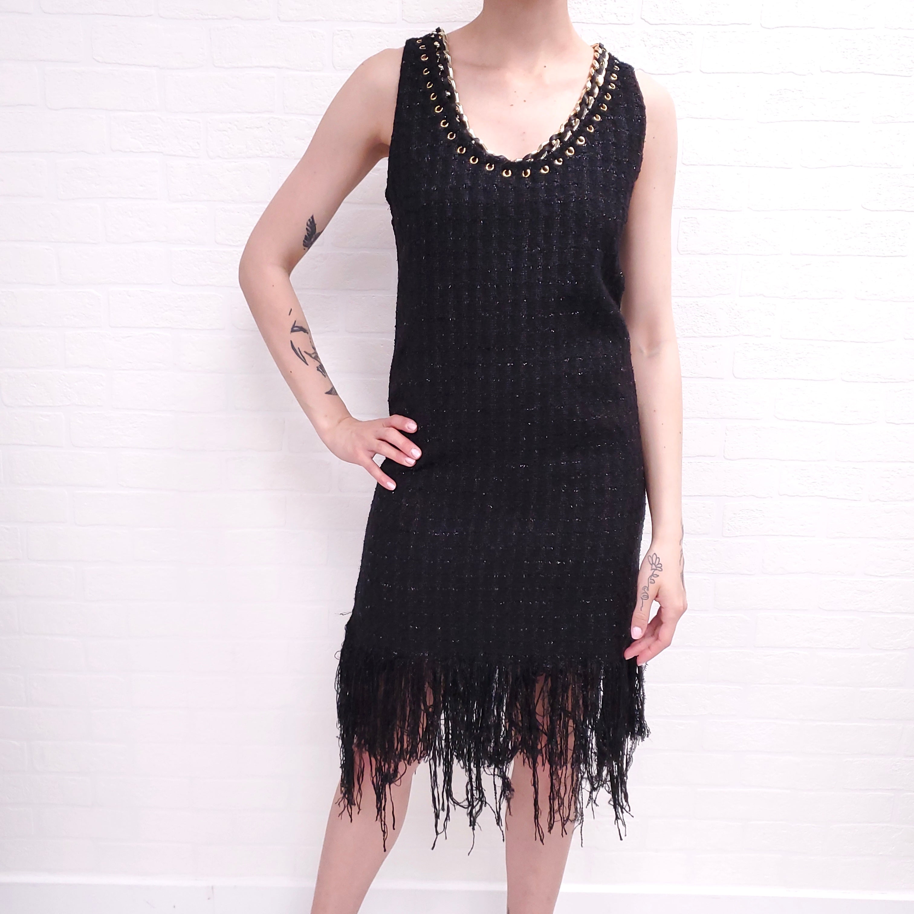 BALMAIN TWEED BLACK DRESS WITH GOLD DETAIL ($3000) - SIZE 36