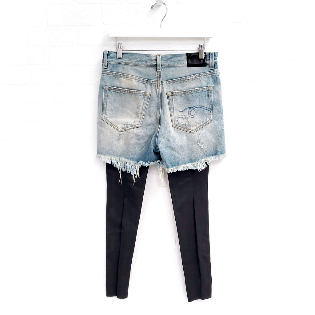 R13 DENIM JEANS SHORTS WITH ATTACHED LEATHER LEGGINGS - SIZE 27