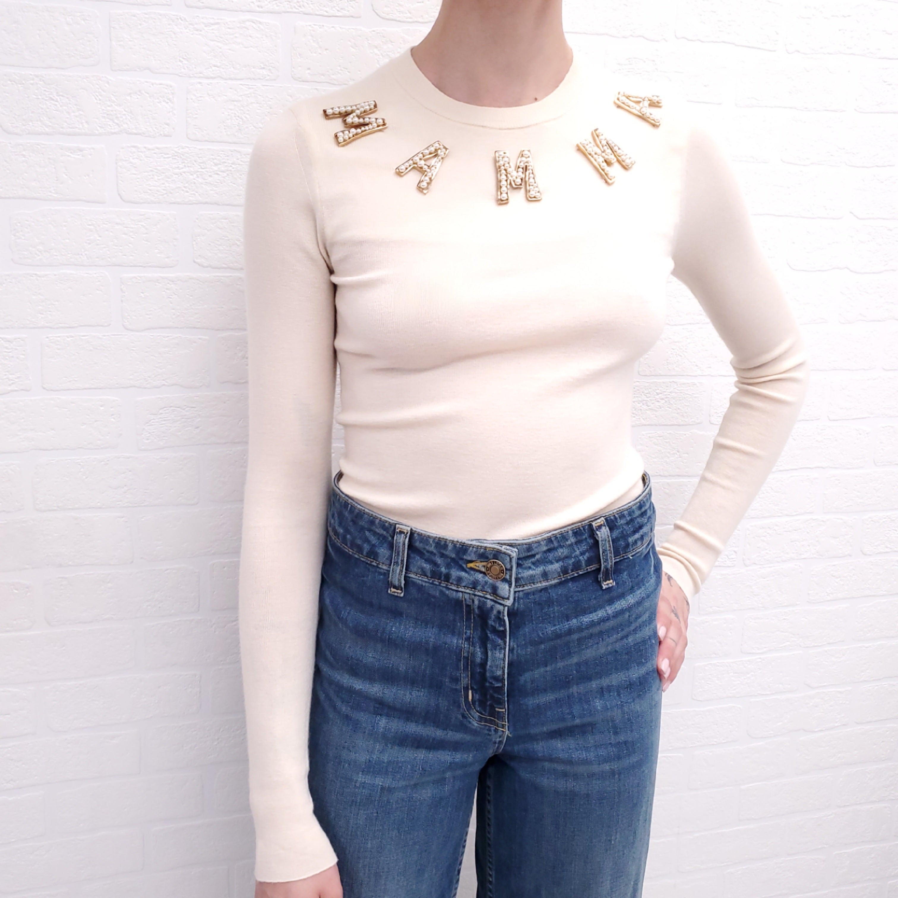 DOLCE & GABBANA CREAM ‘MAMMA’ PEARL SWEATER - SIZE 36