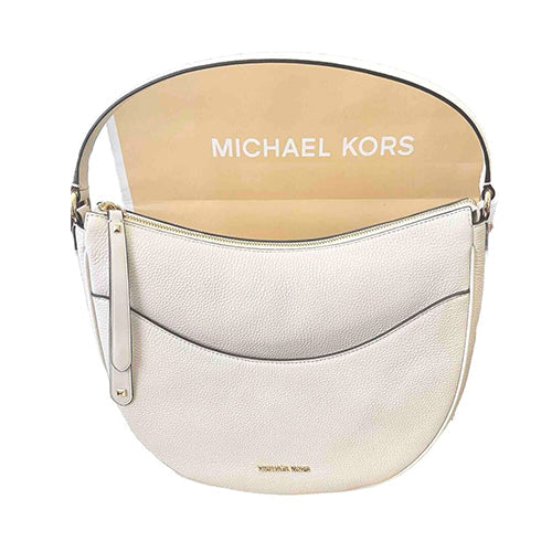 NWT Michael Kors LARGE Dover Top Zip Half Moon Leather Shoulder white Bag