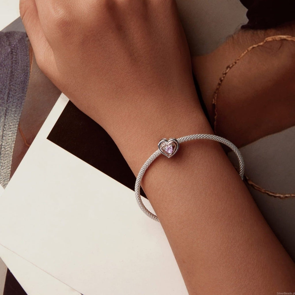 Intertwined Rose Gold & Silver Heart with Pink Crystal Heart Charm