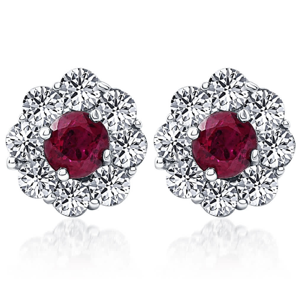 2 1/2ct Genuine Ruby & Diamond Halo Studs Earrings 14K White Gold