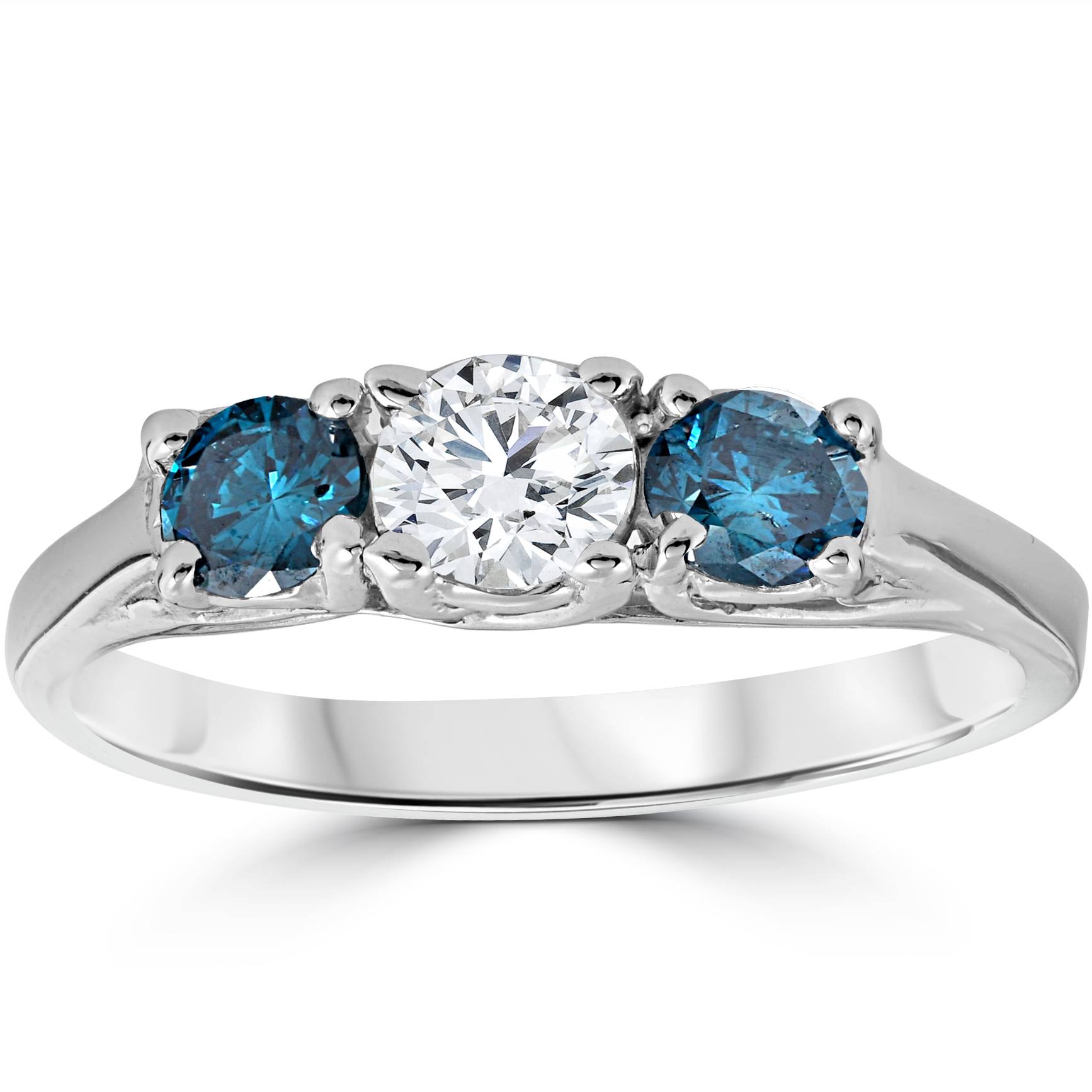 3/4ct 3 Stone Blue & White Diamond Trellis Engagement Ring 14K White Gold Size Selectable