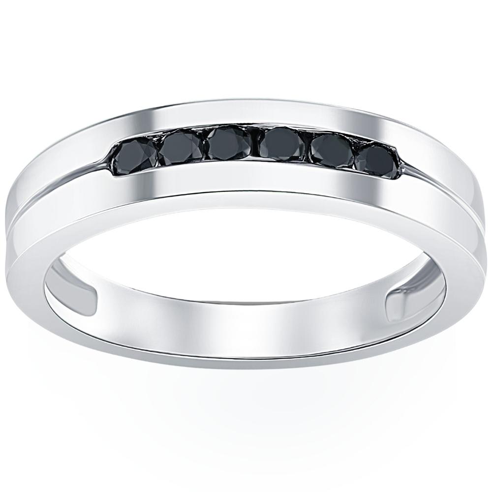 Mens 14K White Gold Black 1/4ct Diamond Wedding Ring Size Selectable