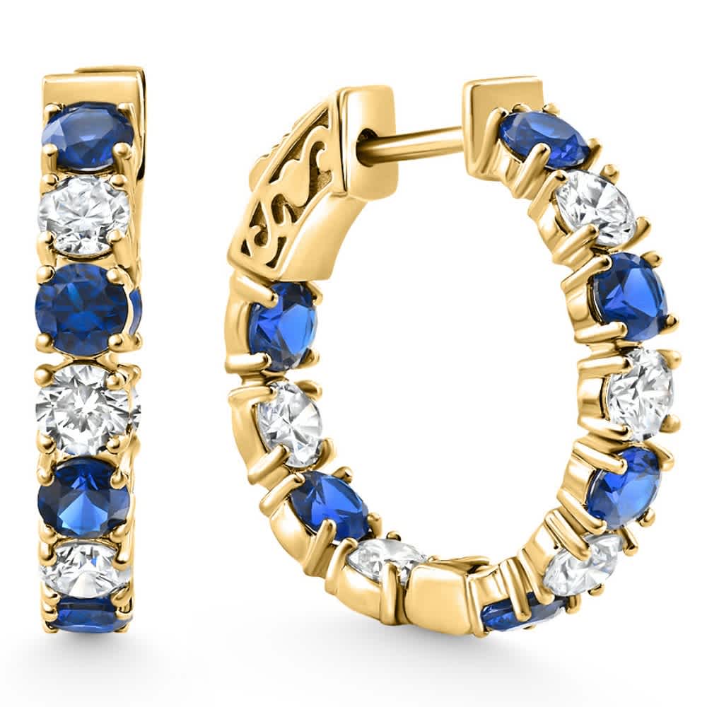 4 1/2Ct Blue Sapphire & Diamond Hoops White or Yellow Gold Lab Grown 1" Tall