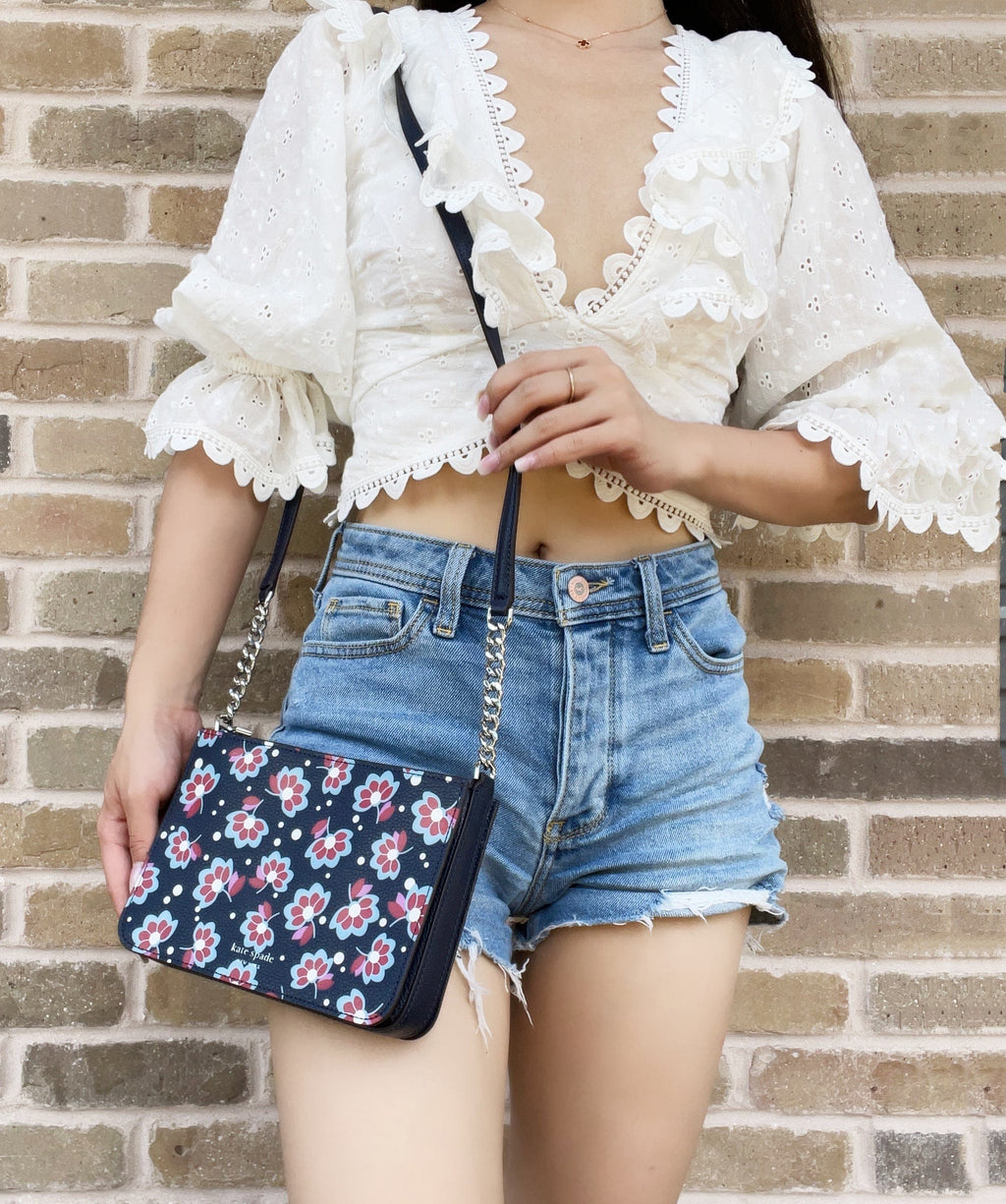 Kate Spade Leather Eva Seaside Blooms Chain Crossbody Bag Navy