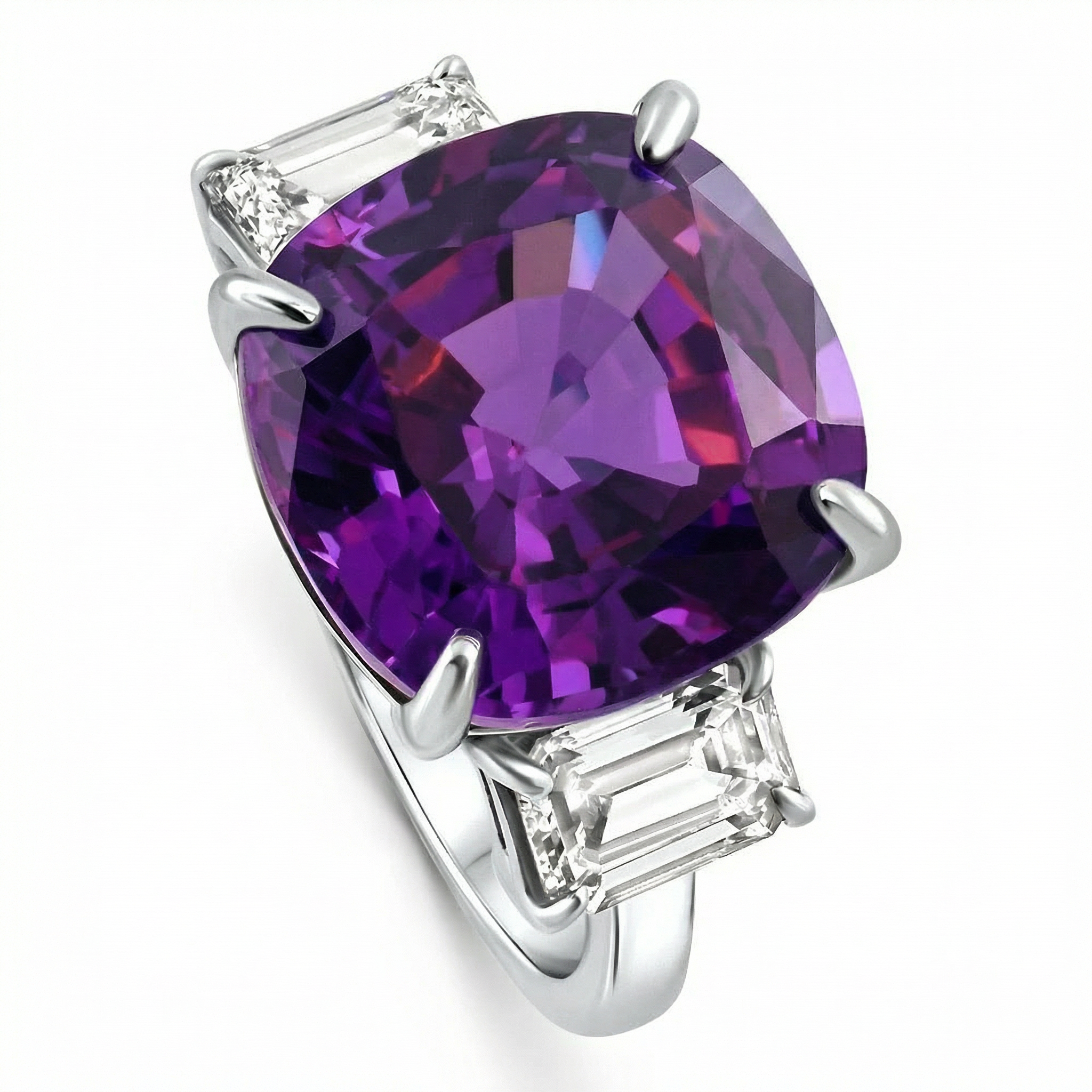 11.90Ct Cushion Amethyst & Emerald Cut Diamond Ring 14k White Gold Lab Grown Size: 7